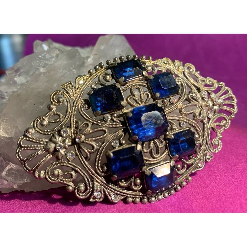 Stunning Cobalt Blue rhinestone Brooch in Antique Silver plate
